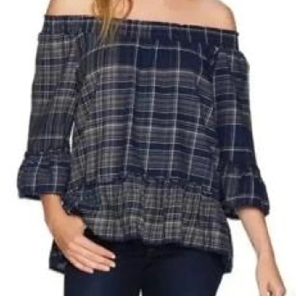Beach Lunch Lounge Purple Blue Off Shoulder Peplum Blouse Flannel M